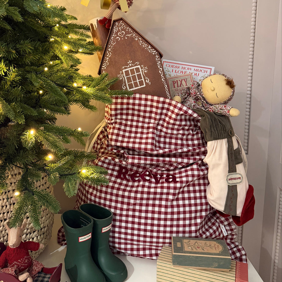 Mabel & Fox - Personalised Red Gingham Ruffle Gift Sack - Embroidered