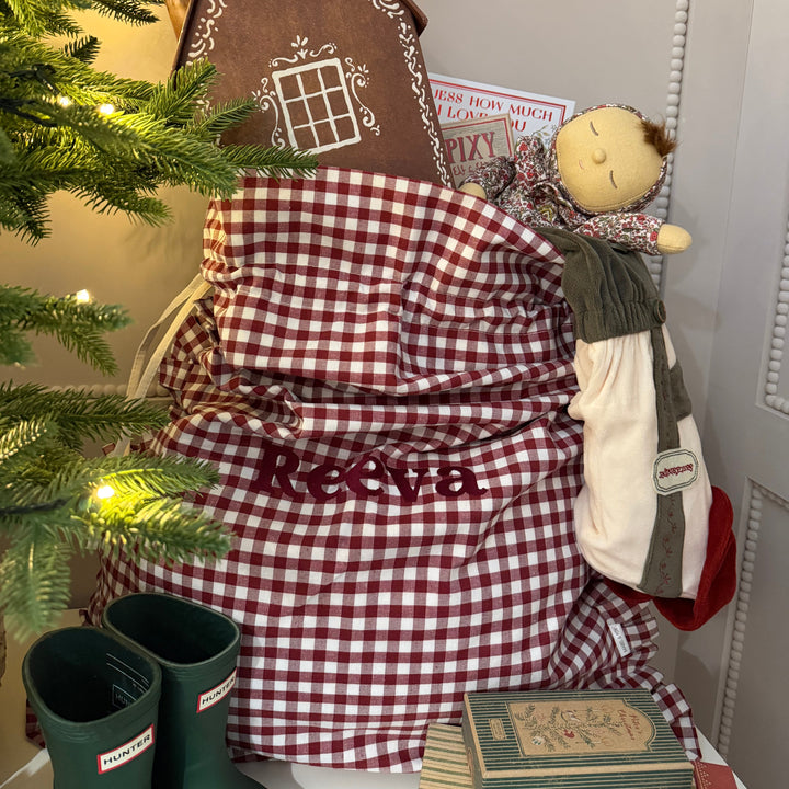 Mabel & Fox - Personalised Red Gingham Ruffle Gift Sack - Embroidered
