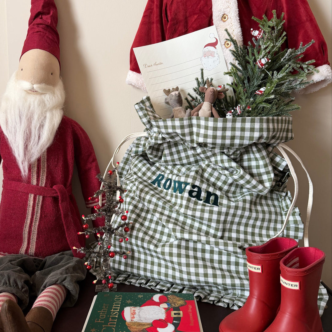 Mabel & Fox - Personalised Green Gingham Ruffle Gift Sack - Embroidered