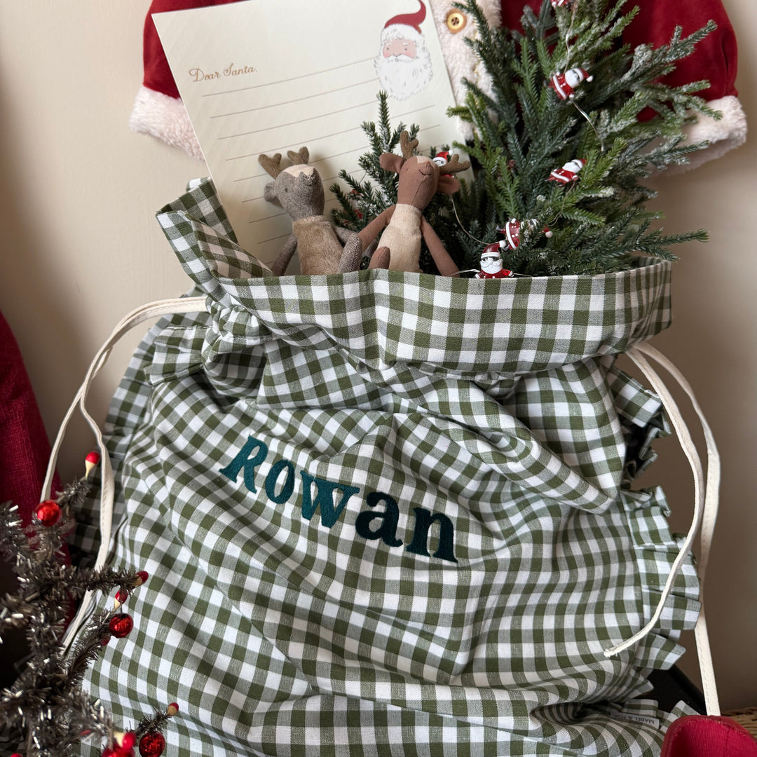 Mabel & Fox - Personalised Green Gingham Ruffle Gift Sack - Embroidered