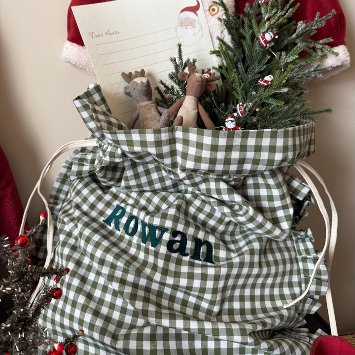 Mabel & Fox - Personalised Green Gingham Ruffle Gift Sack - Embroidered