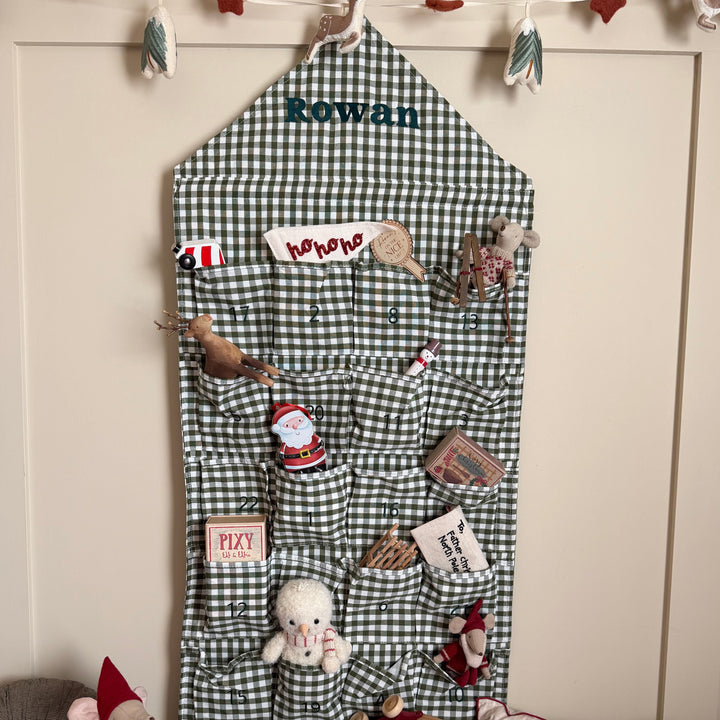 Mabel & Fox - Personalised Green Gingham Advent Calendar - Embroidered