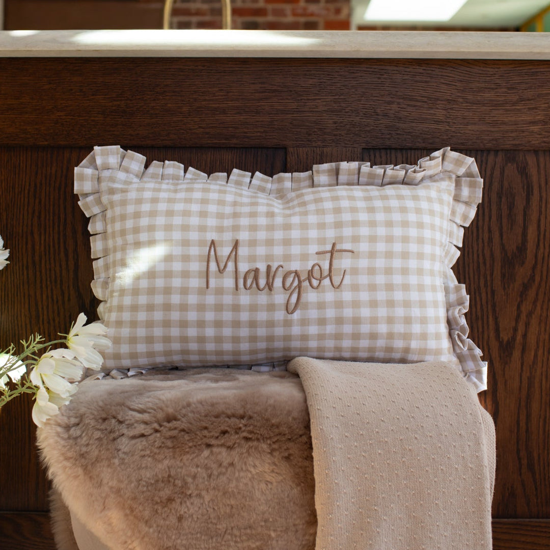 Mabel & Fox - Personalised Gingham Ruffle Cushion Cover - Beige