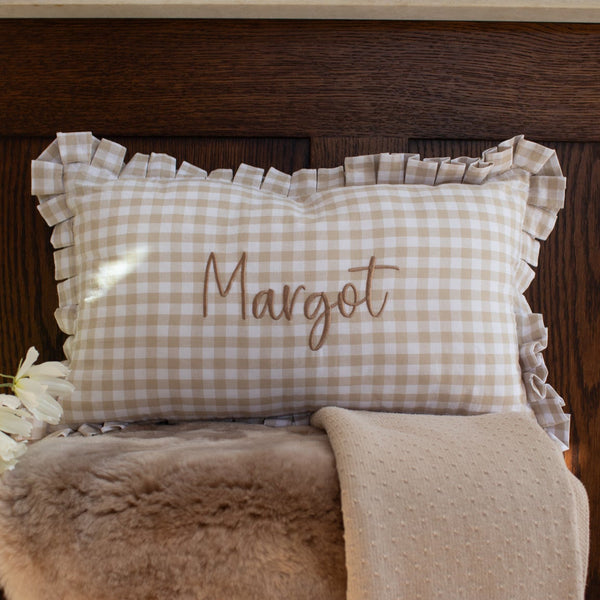 Mabel & Fox - Personalised Gingham Ruffle Cushion Cover - Beige