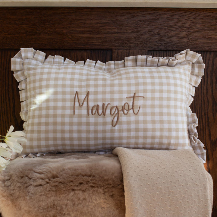 Mabel & Fox - Personalised Gingham Ruffle Cushion Cover - Beige