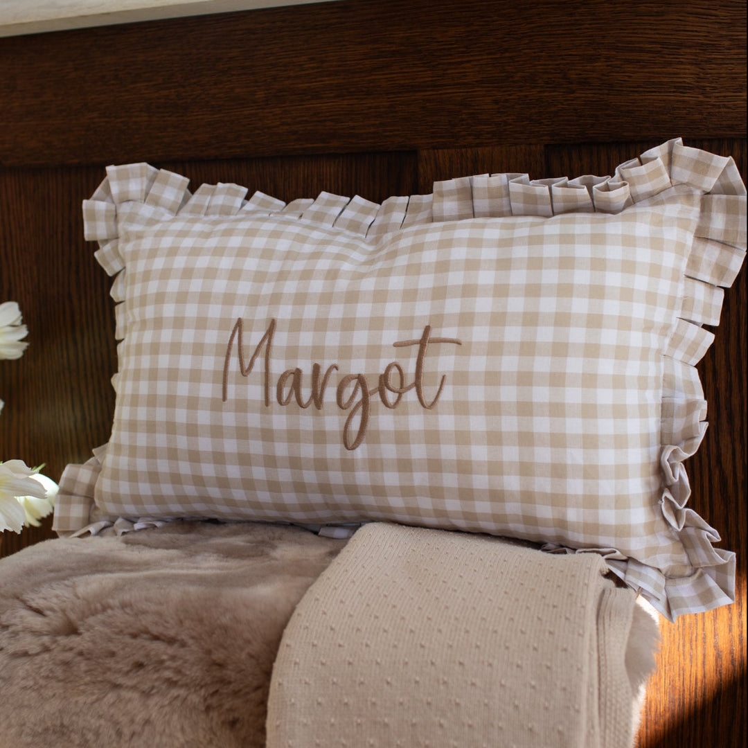 Mabel & Fox - Personalised Gingham Ruffle Cushion Cover - Beige