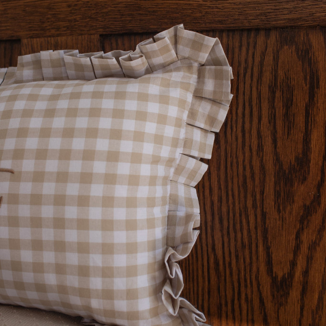 Mabel & Fox - Personalised Gingham Ruffle Cushion Cover - Beige