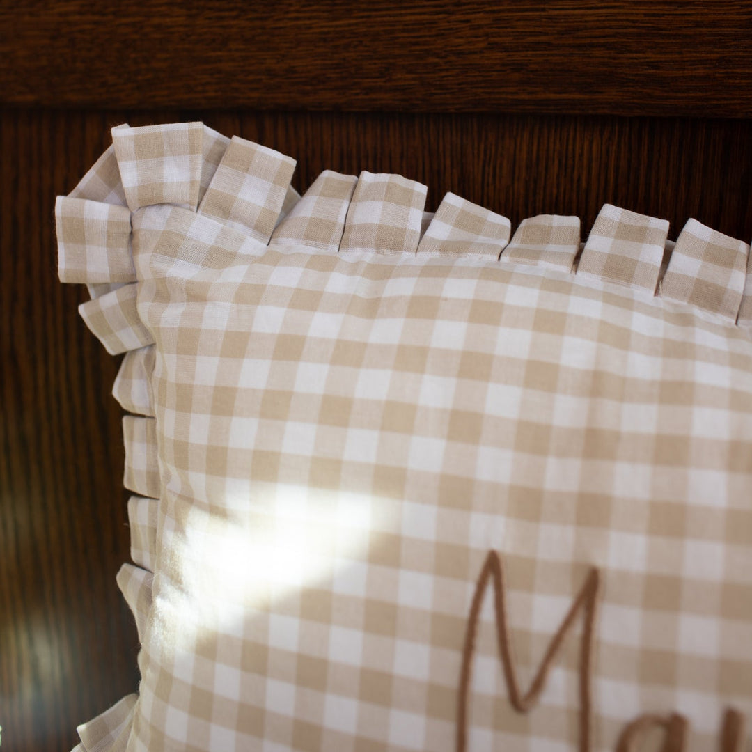 Mabel & Fox - Personalised Gingham Ruffle Cushion Cover - Beige
