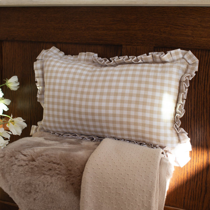 Mabel & Fox - Gingham Ruffle Cushion Cover - Beige