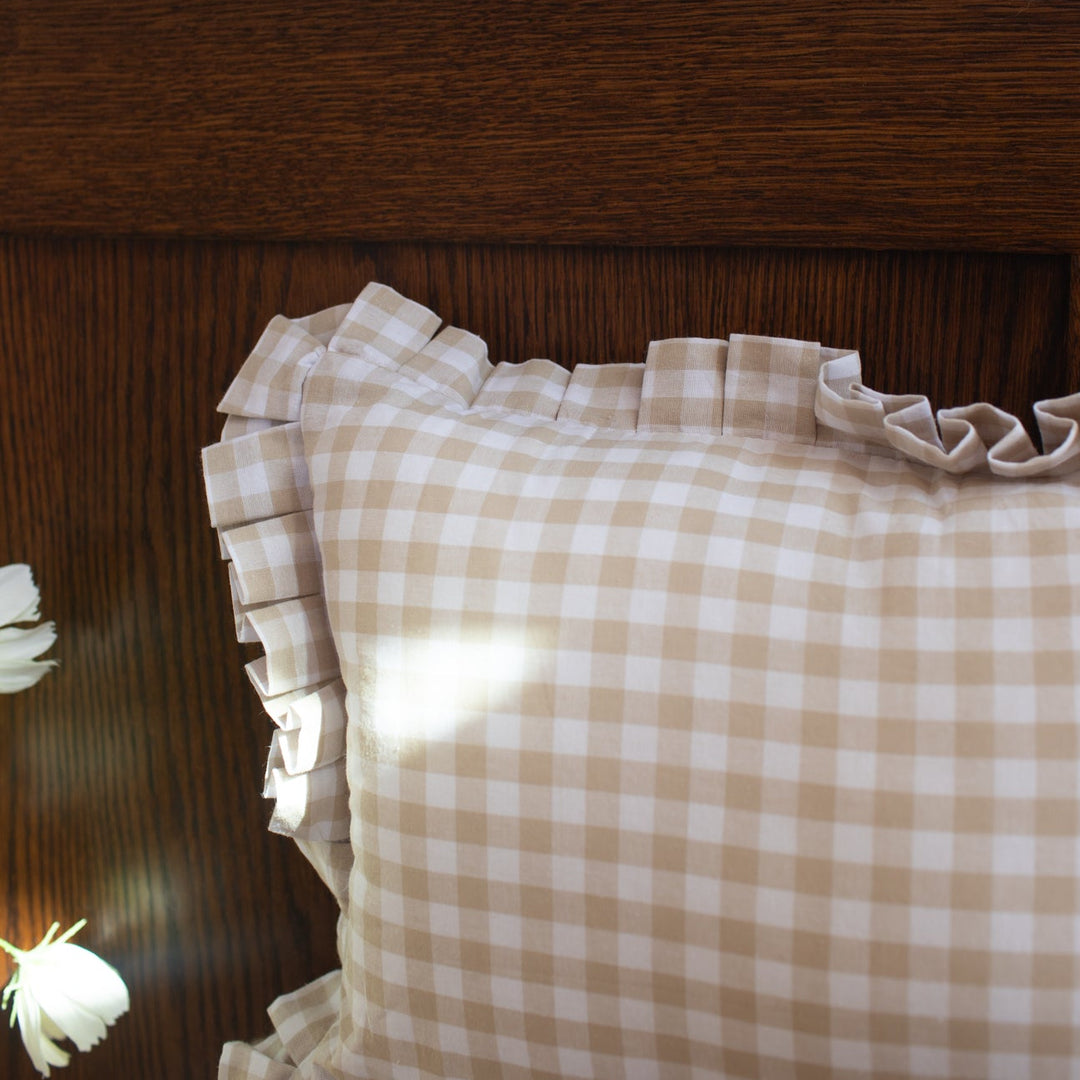 Mabel & Fox - Gingham Ruffle Cushion Cover - Beige