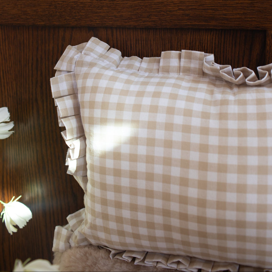 Mabel & Fox - Personalised Gingham Ruffle Cushion Cover - Beige