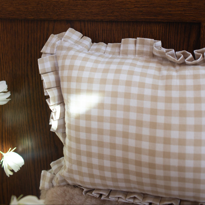 Mabel & Fox - Personalised Gingham Ruffle Cushion Cover - Beige