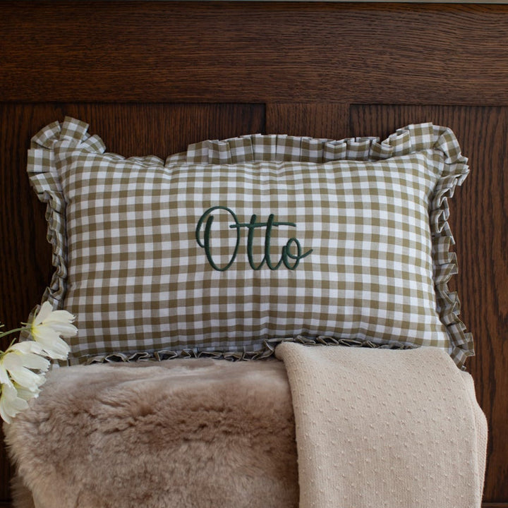 Mabel & Fox - Personalised Gingham Ruffle Cushion Cover - Olive Green
