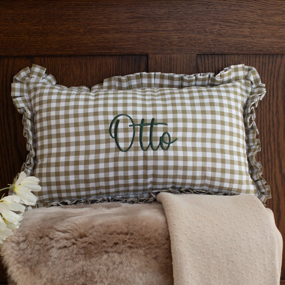 Mabel & Fox - Personalised Gingham Ruffle Cushion Cover - Olive Green