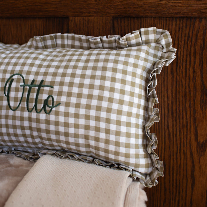 Mabel & Fox - Personalised Gingham Ruffle Cushion Cover - Olive Green