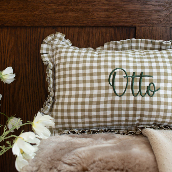 Mabel & Fox - Personalised Gingham Ruffle Cushion Cover - Olive Green