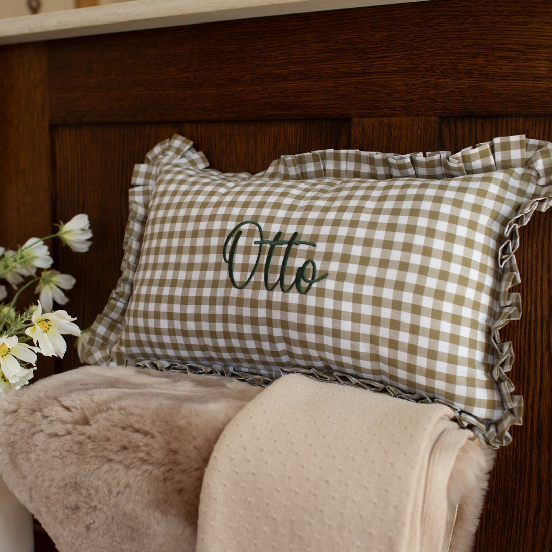 Mabel & Fox - Personalised Gingham Ruffle Cushion Cover - Olive Green