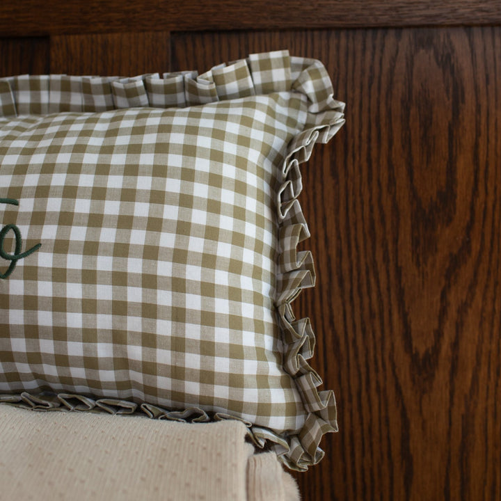 Mabel & Fox - Personalised Gingham Ruffle Cushion Cover - Olive Green