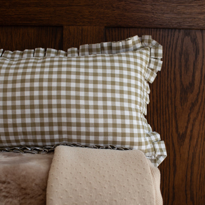 Mabel & Fox - Gingham Ruffle Cushion Cover - Olive Green