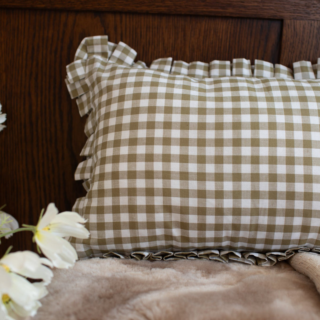 Mabel & Fox - Gingham Ruffle Cushion Cover - Olive Green