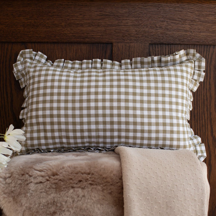 Mabel & Fox - Gingham Ruffle Cushion Cover - Olive Green
