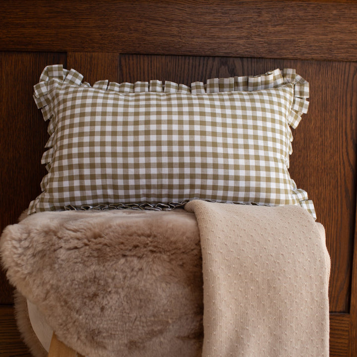 Mabel & Fox - Gingham Ruffle Cushion Cover - Olive Green