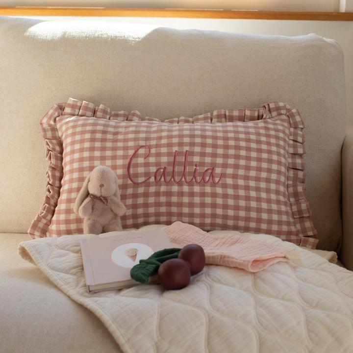 Mabel & Fox - Personalised Gingham Ruffle Cushion Cover - Pink
