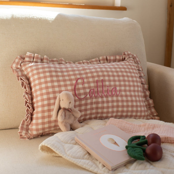 Mabel & Fox - Personalised Gingham Ruffle Cushion Cover - Pink