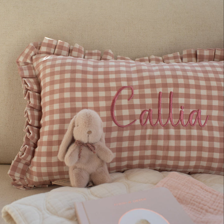 Mabel & Fox - Personalised Gingham Ruffle Cushion Cover - Pink