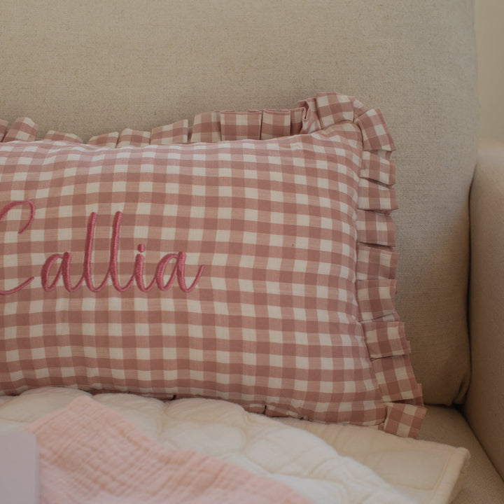 Mabel & Fox - Personalised Gingham Ruffle Cushion Cover - Pink