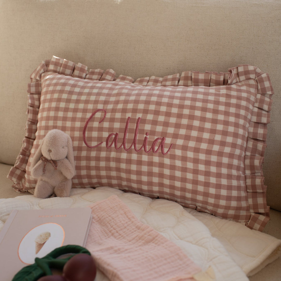 Mabel & Fox - Personalised Gingham Ruffle Cushion Cover - Pink