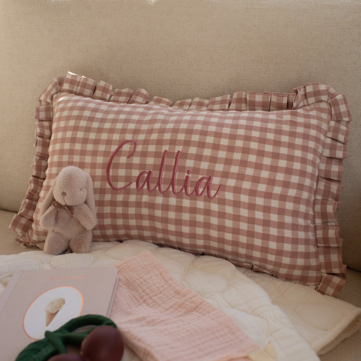 Mabel & Fox - Personalised Gingham Ruffle Cushion Cover - Pink