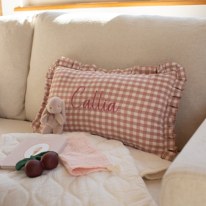 Mabel & Fox - Personalised Gingham Ruffle Cushion Cover - Pink