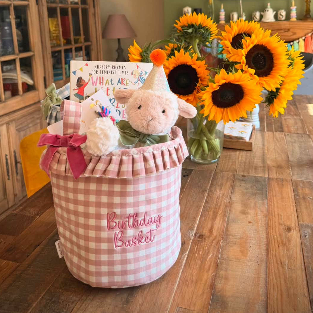 Mabel & Fox - Personalised Pink Gingham Ruffle Basket - Embroidered