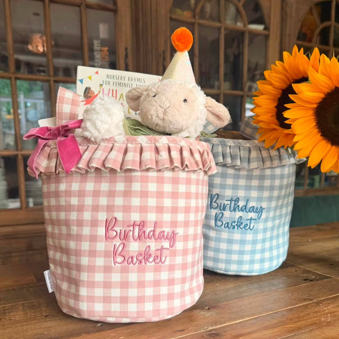 Mabel & Fox - Personalised Blue Gingham Ruffle Basket - Embroidered