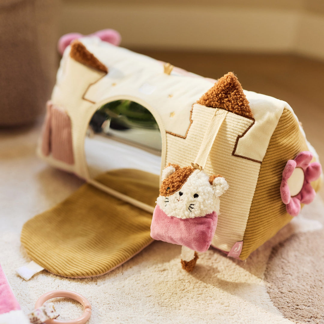Small plush toy with a cat-like design standing on a textured surface next to a cat-shaped toy house.