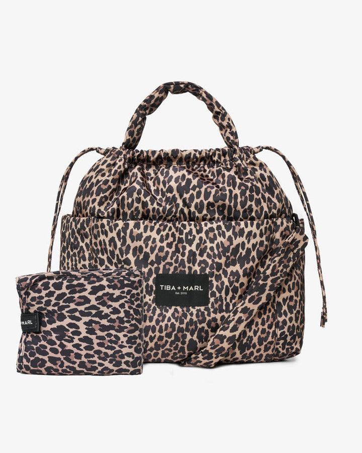 Tiba + Marl - Luna Drawstring Changing Tote Lighter Leopard Print - Mabel & Fox