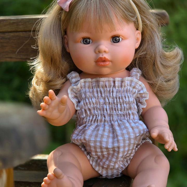 Mini Colettos - Ellory Designs Doll Romper - Agnes Smock Beige Gingham