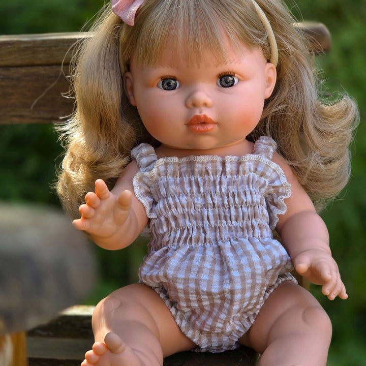 Mini Colettos - Ellory Designs Doll Romper - Agnes Smock Beige Gingham