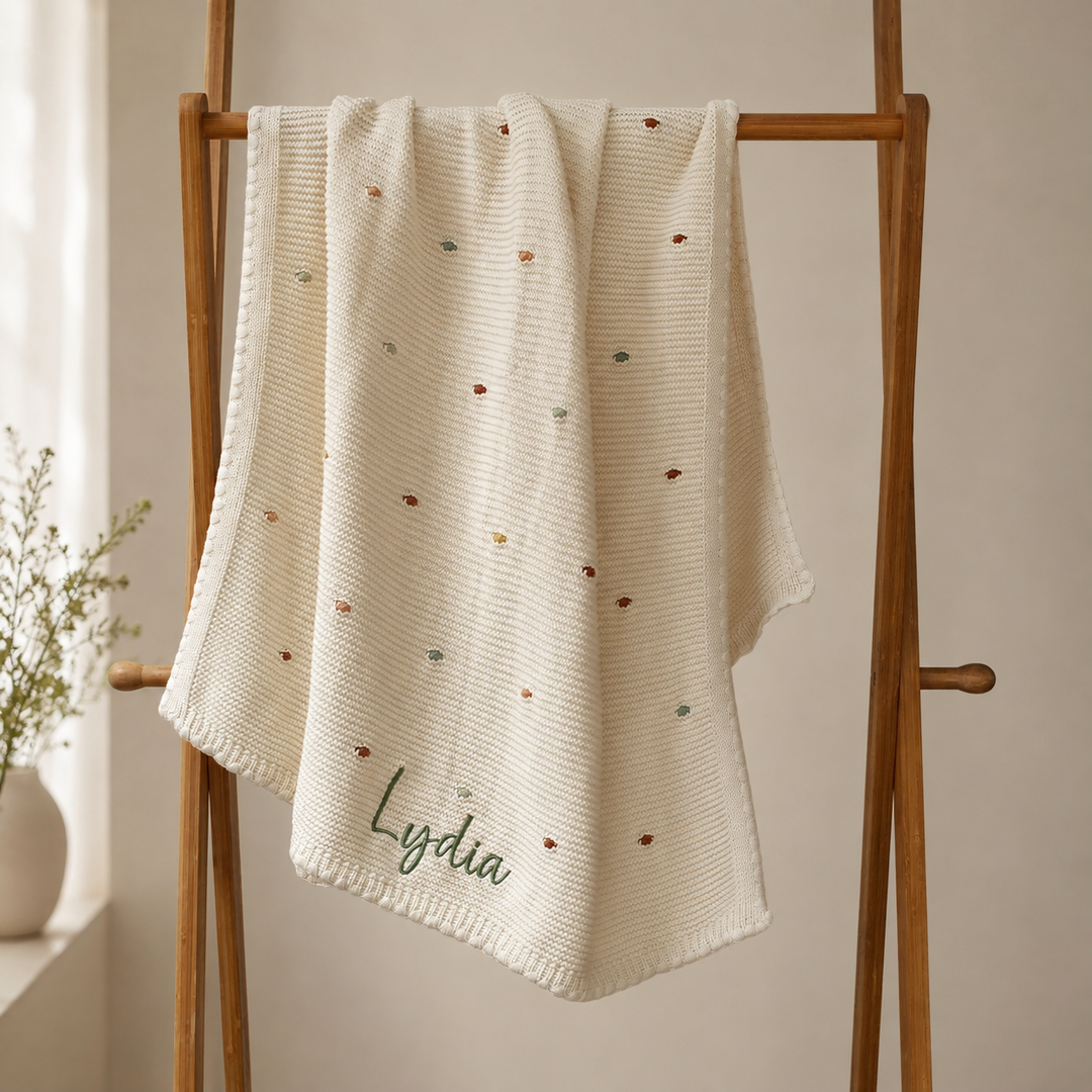 Mabel & Fox - Personalised Knitted Baby Blanket - Multi-Colour Bobble