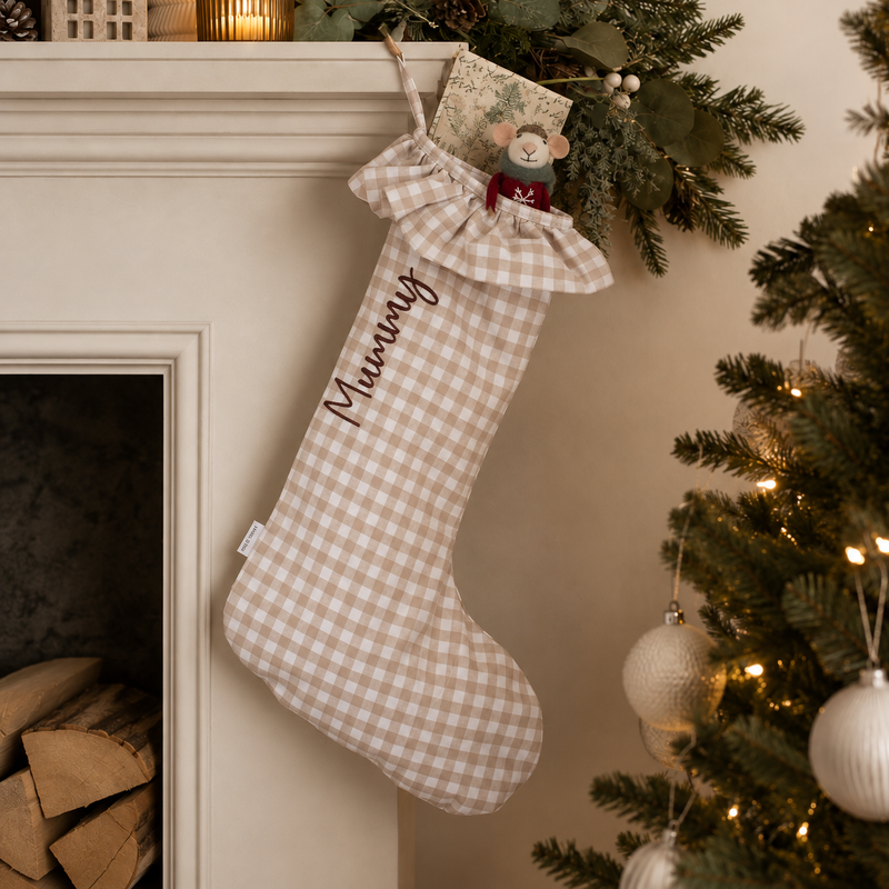 Mabel & Fox - Personalised Beige Gingham Stocking - Embroidered