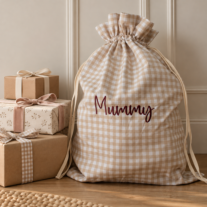 Mabel & Fox - Personalised Beige Gingham Gift Sack - Embroidered
