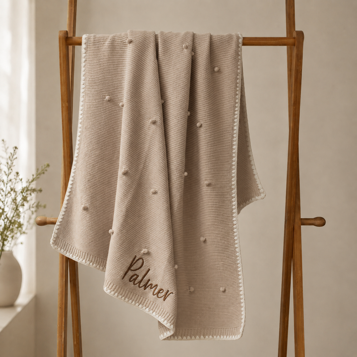 Mabel & Fox - Personalised Knitted Baby Blanket - Natural Bobble