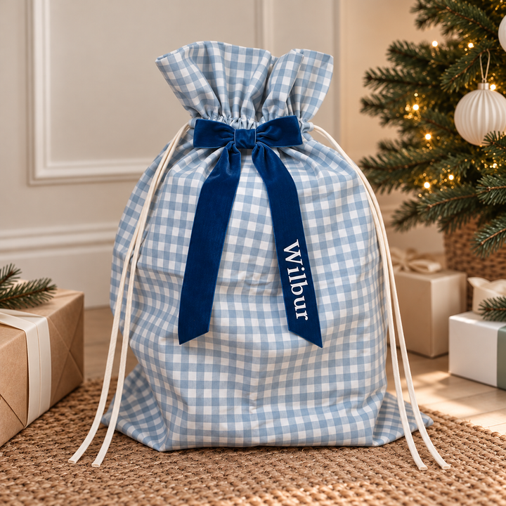 Mabel & Fox - Personalised Blue Gingham Gift Sack - Velvet Bow