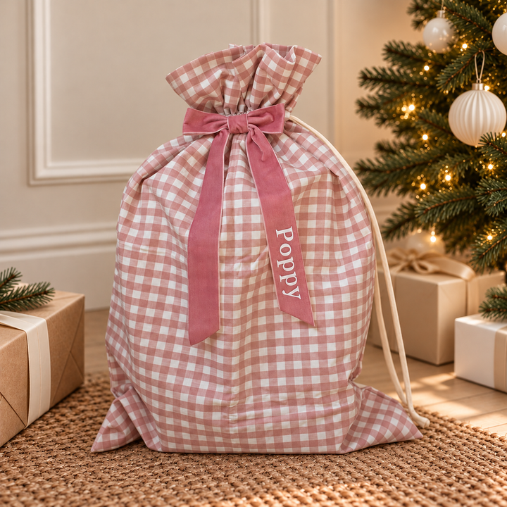 Mabel & Fox - Personalised Pink Gingham Gift Sack - Velvet Bow