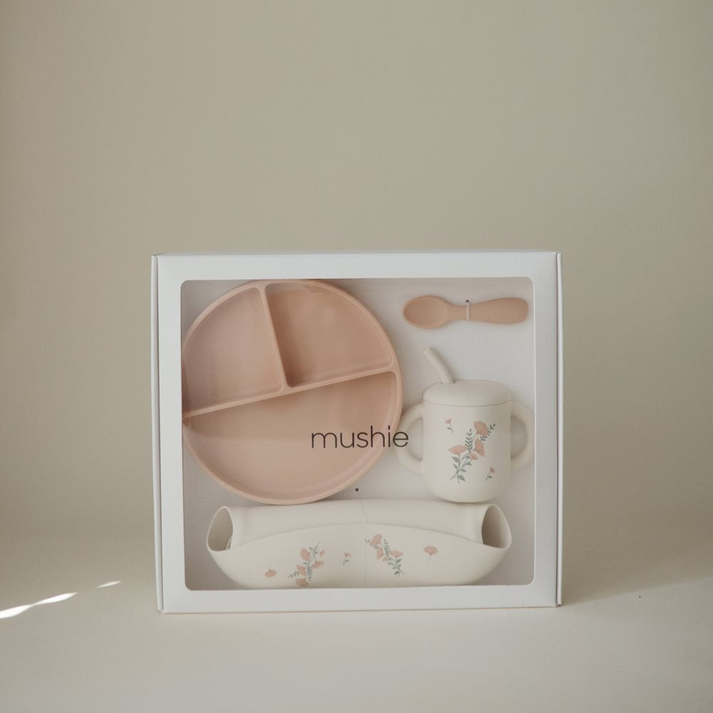 Mushie - Silicone Feeding Toddler Set - Pink Flowers - Mabel & Fox