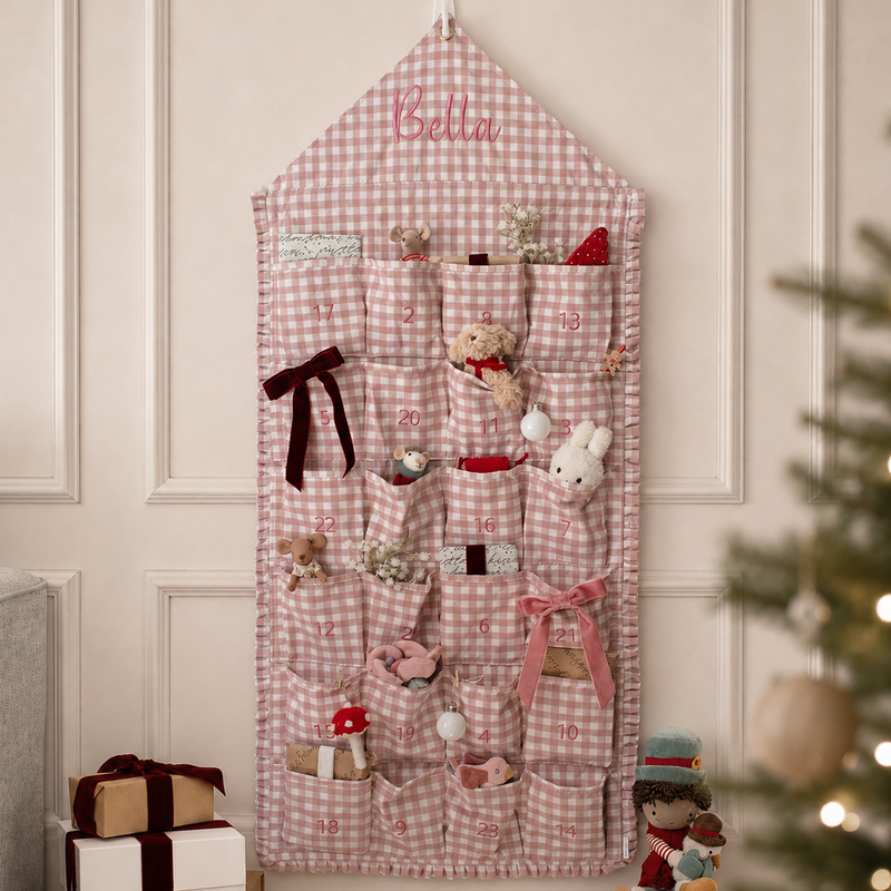 Mabel & Fox - Personalised Pink Gingham Ruffle Advent Calendar - Embroidered