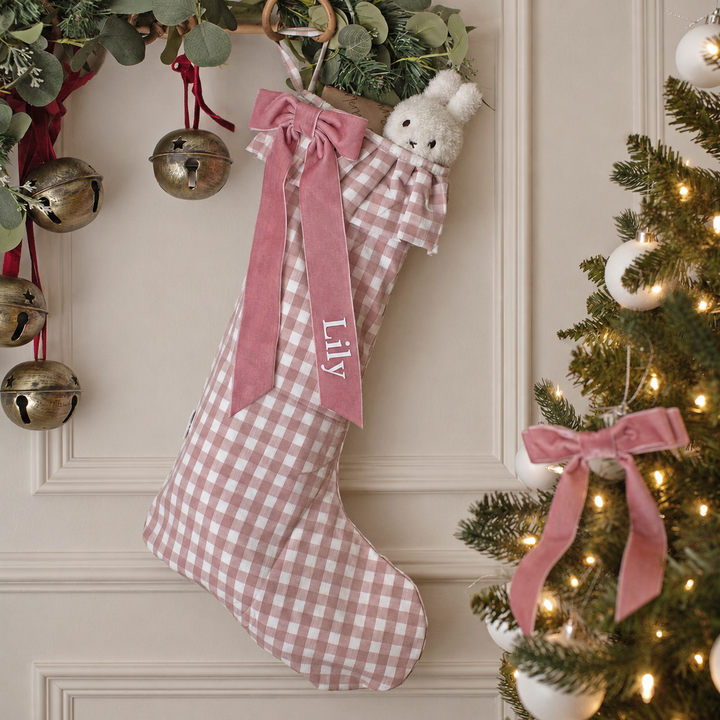 Mabel & Fox - Personalised Pink Gingham Stocking - Velvet Bow