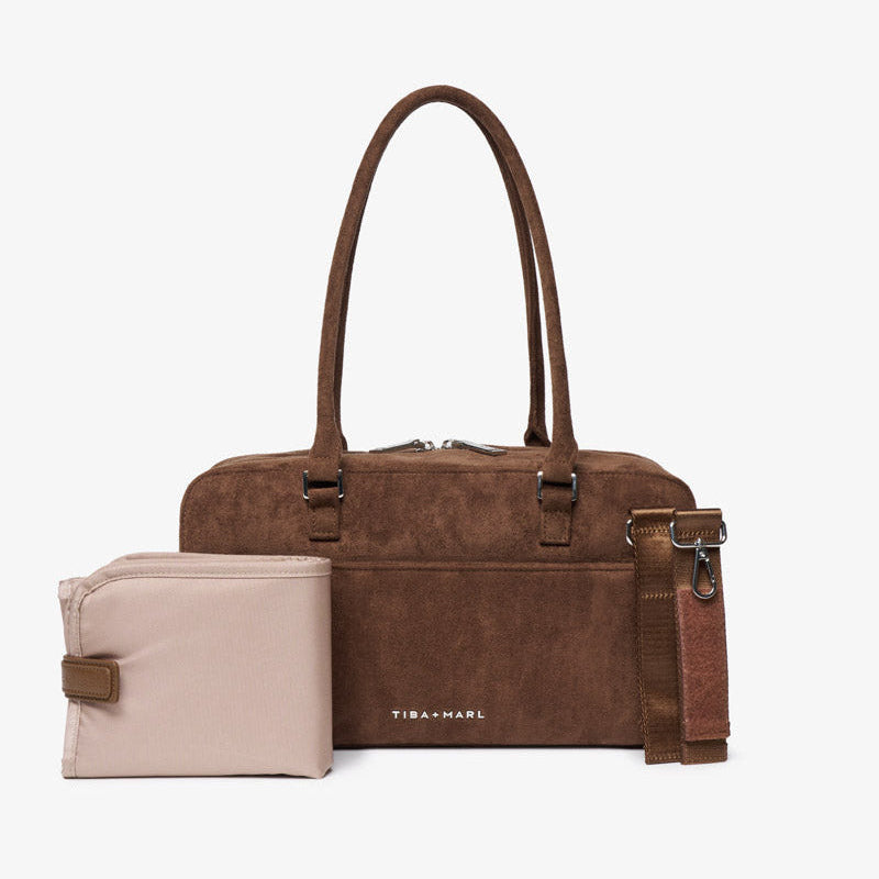 Riley Compact East-West Changing Bag Brown Faux Suede - Mabel & Fox