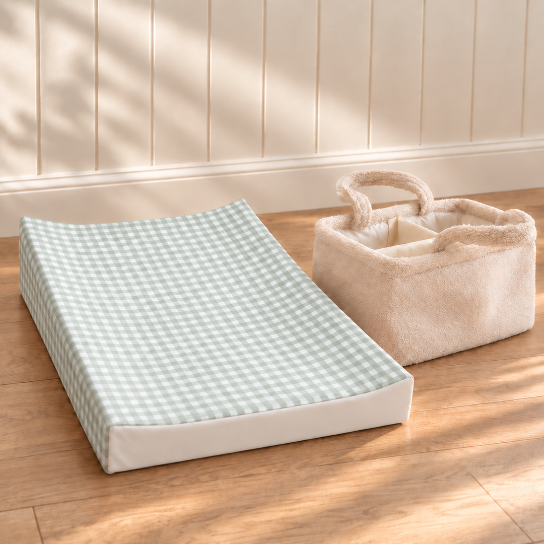 Mabel & Fox - Milk Nappy Caddy & Sage Gingham Wedge Bundle